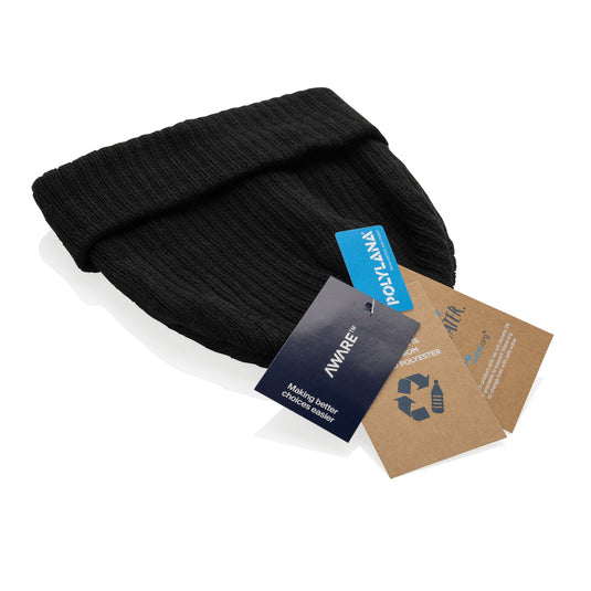 XD Collection Pryor AWARE™ Polylana® beanie with cuff, navy blue headwear with folded brim on a mannequin head.