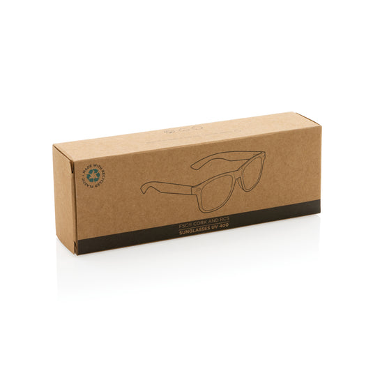 Outdoor sunglasses from XD Collection made of recycled PC plastic with cork accents, stylish and eco-friendly for outdoor wear.