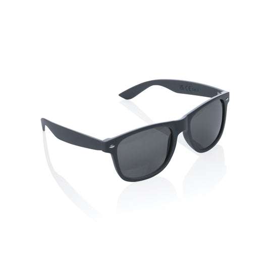 XD Collection GRS recycled PC plastic outdoor sunglasses with black frame and tinted lenses, stylish and eco-friendly eyewear.