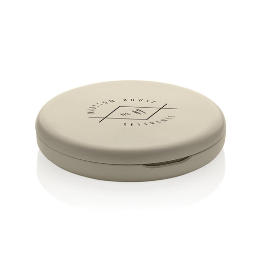 Lumora RCS recycled plastic LED rechargeable make-up mirror by XD Collection, showing a sleek, round mirror with LED lighting.
