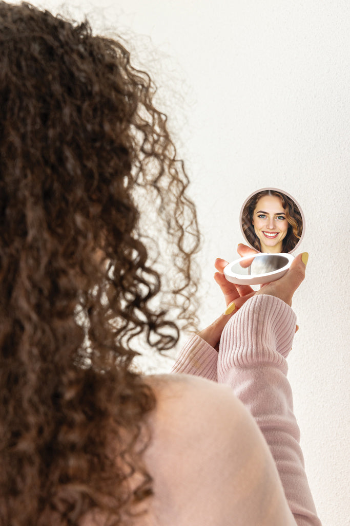 Load image into Gallery viewer, Lumora RCS recycled plastic LED rechargeable makeup mirror by XD Collection with built-in lighting and sleek design.
