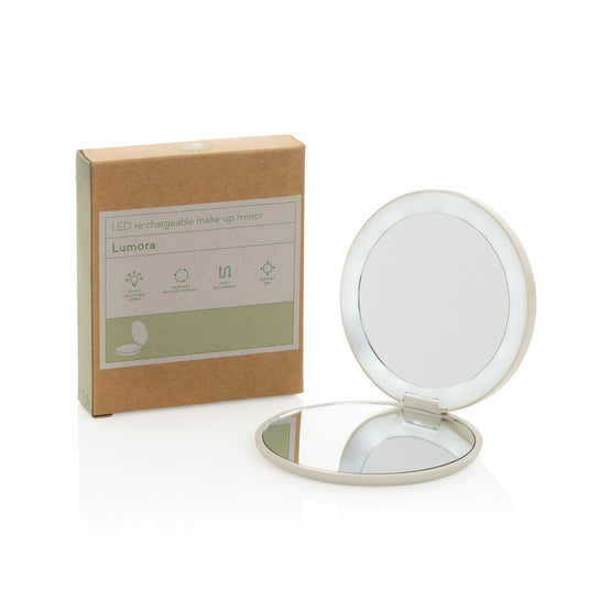 Lumora RCS recycled plastic LED rechargeable make-up mirror by XD Collection, featuring a sleek design and built-in lighting for precise application.