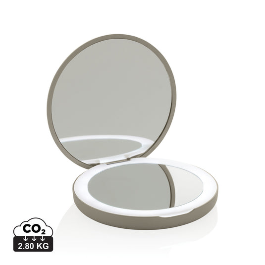 Lumora RCS recycled plastic LED rechargeable makeup mirror by XD Collection, showing illuminated mirror with compact design.