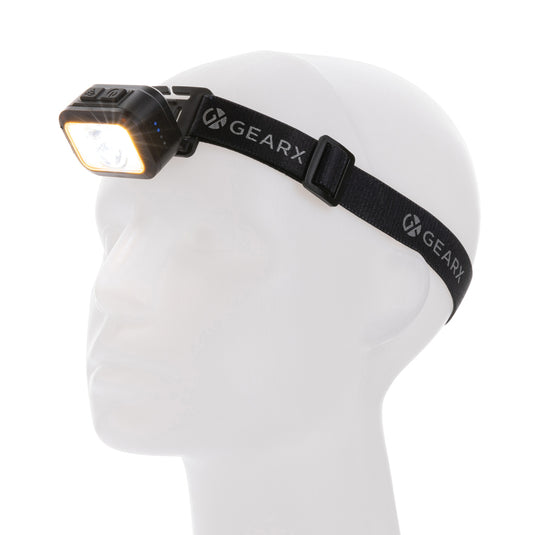 GearX RCS plastic heavy-duty head torch with adjustable strap and bright LED light for hands-free illumination.