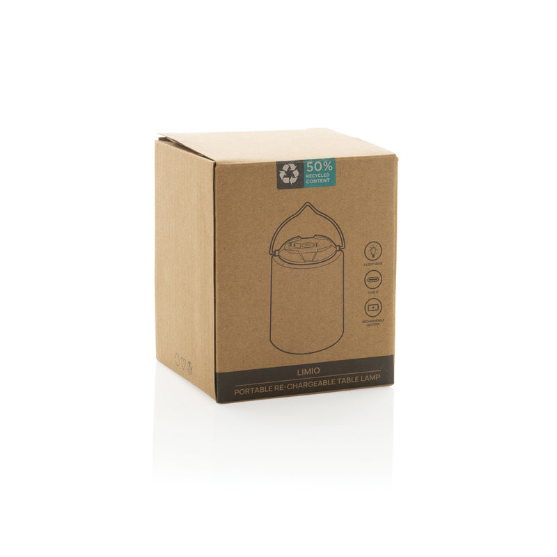 Load image into Gallery viewer, Recycled plastic portable rechargeable table lamp from XD Collection in black, with adjustable brightness for outdoor or indoor use.
