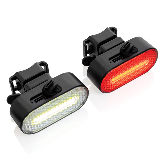 XD Collection Lumino RCS recycled plastic USB rechargeable bike light set with front and rear lights, compact and durable for cycling safety.