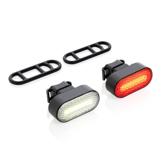 XD Collection Lumino RCS recycled plastic USB rechargeable bike light set, tools and torches, with bright LED lights for visibility.