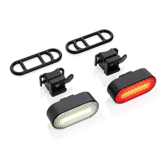 XD Collection Lumino RCS recycled plastic USB rechargeable bike light set with front and rear lights, durable tools and torches for cycling.