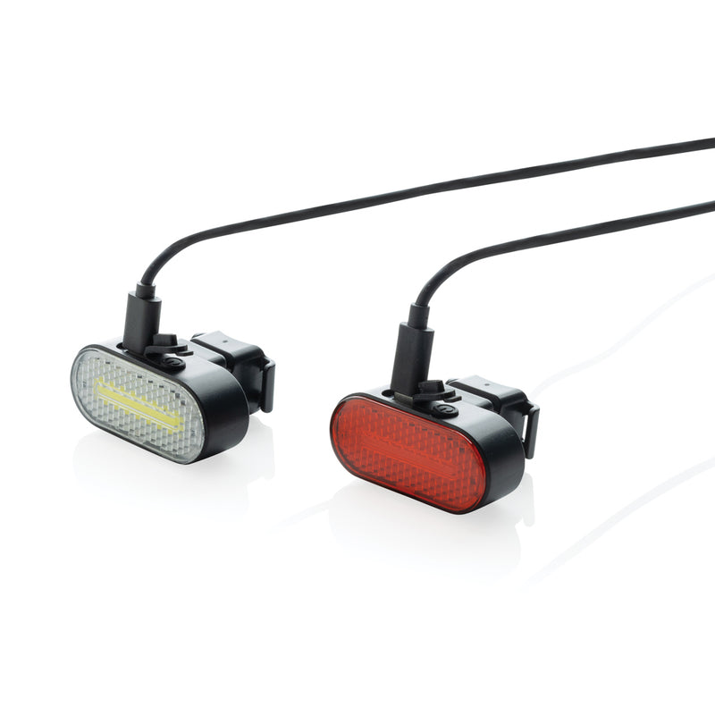 Load image into Gallery viewer, XD Collection Lumino RCS recycled plastic bike light set with USB rechargeable tools and torches, showing compact design and bright LEDs.

