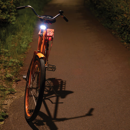 XD Collection Lumino RCS recycled plastic bike light set with USB re-chargeable tools and torches, shown in a close-up image.