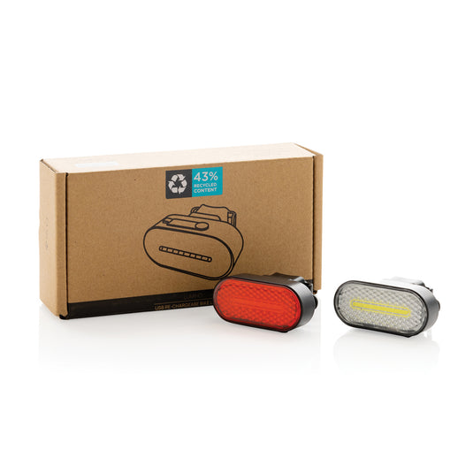 XD Collection Lumino RCS recycled plastic USB rechargeable bike light set, compact tools and torches for cycling visibility