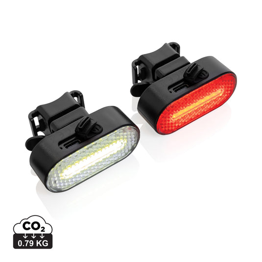 XD Collection Lumino RCS recycled plastic USB rechargeable bike light set, compact tools and torches for cycling safety.
