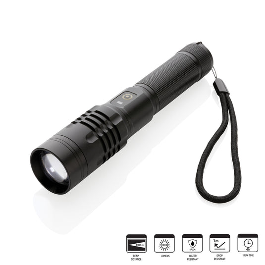 GearX USB rechargeable torch with black handle and bright LED light, ideal for tools and outdoor use.