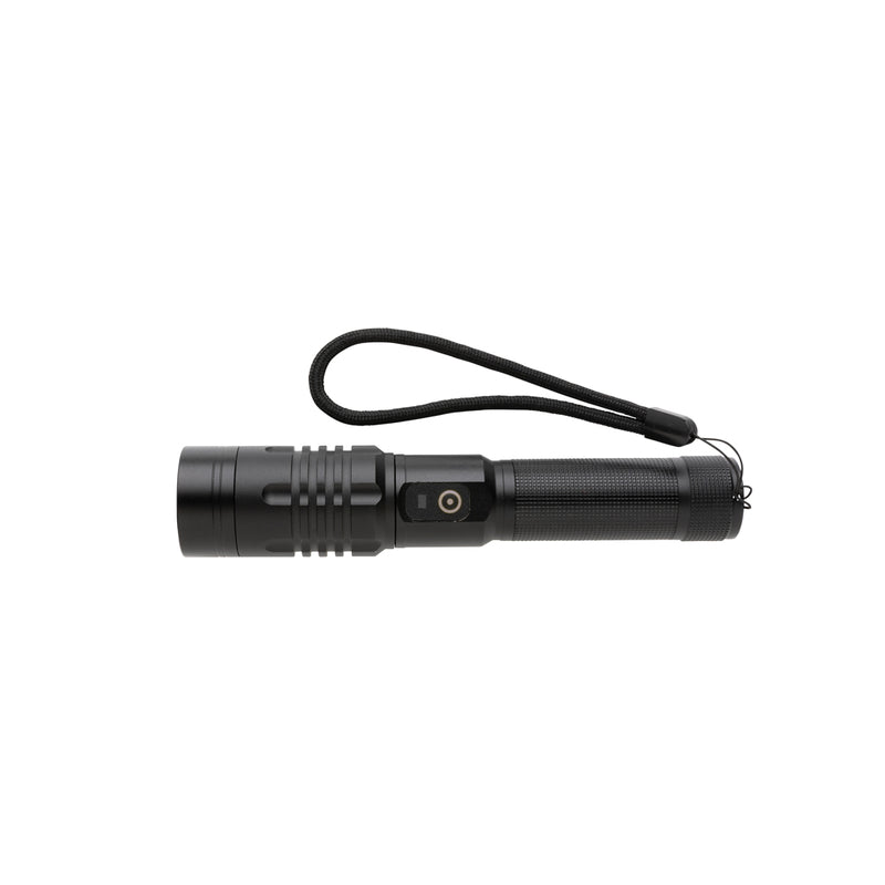 Load image into Gallery viewer, GearX USB rechargeable torch with adjustable focus, black handle, and bright LED light for outdoor and emergency use.
