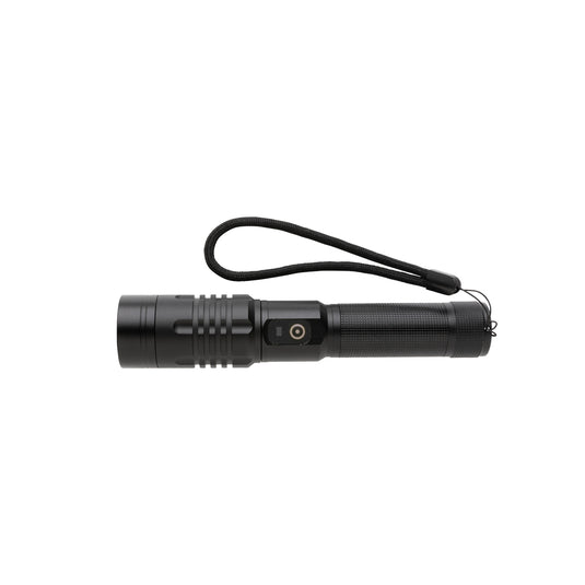 GearX USB rechargeable torch with adjustable focus, black handle, and bright LED light for outdoor and emergency use.