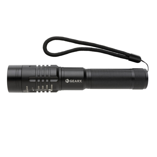 GearX USB rechargeable torch with adjustable beam, compact tool for outdoor and emergency use, featuring a durable design.