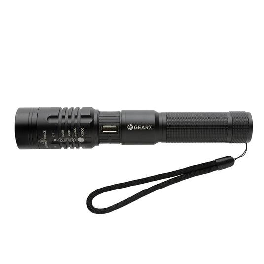 GearX USB rechargeable torch with bright LED light, compact tool for outdoor or emergency use, displayed with a black handle.