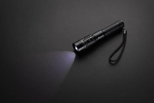 GearX USB rechargeable torch with black handle and adjustable focus, suitable for outdoor and emergency lighting.