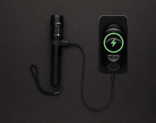 GearX USB rechargeable torch with adjustable focus and bright LED light, designed for versatile outdoor and emergency use.