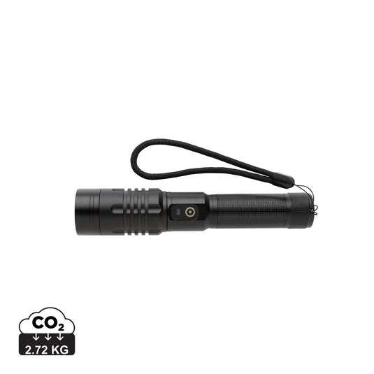 GearX USB rechargeable torch with LED light, compact tool for emergency and outdoor use, black body with ergonomic grip.