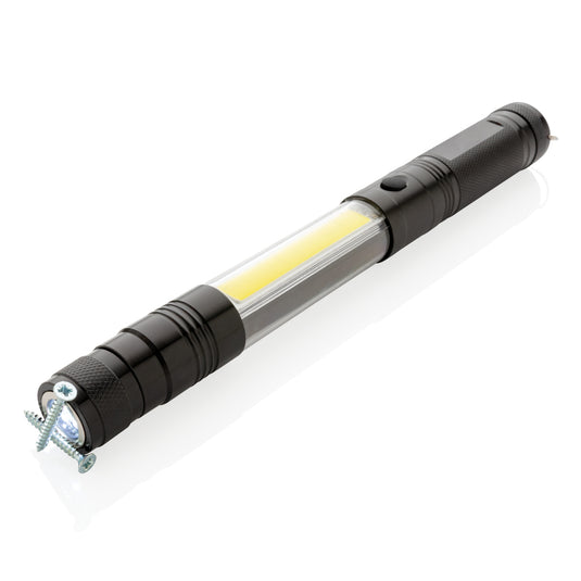Large telescopic light with COB LED from XD Collection, shown extended with a durable handle and adjustable focusing.