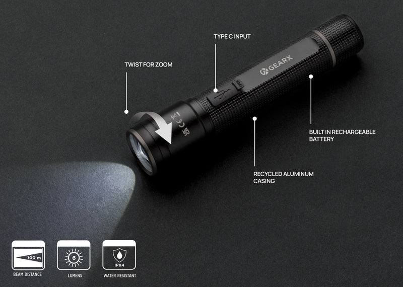 Load image into Gallery viewer, GearX Gear X RCS recycled aluminum USB-rechargeable torch with adjustable beam and compact design, suitable for outdoor and tool use.
