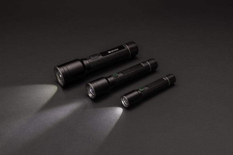 Load image into Gallery viewer, GearX Gear X RCS recycled aluminum USB rechargeable torch with adjustable focus and compact design for versatile lighting.
