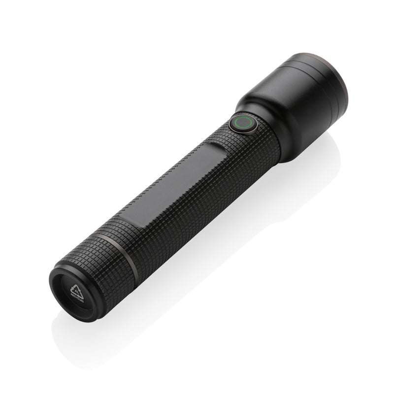 Load image into Gallery viewer, GearX Gear X RCS recycled aluminum USB rechargeable torch, large size, with a black handle and bright LED light.
