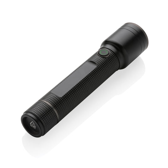 GearX Gear X RCS recycled aluminum USB rechargeable torch, large size, with a black handle and bright LED light.
