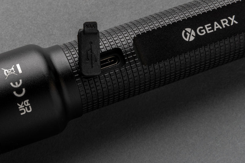 Load image into Gallery viewer, GearX RCS large recycled aluminum USB-rechargeable torch with bright LED light and rugged design, suitable for outdoor and emergency use.
