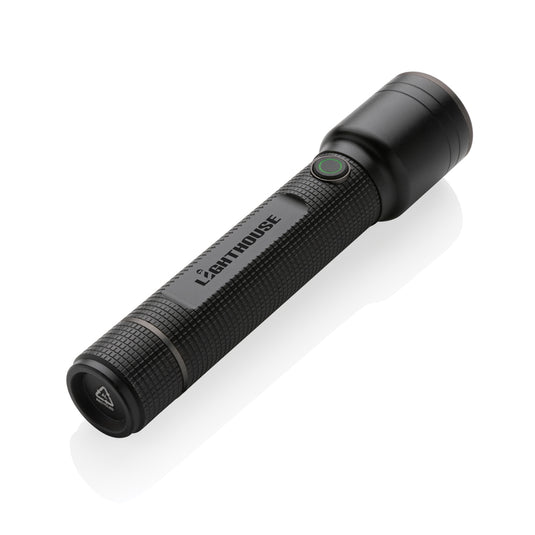 GearX RCS recycled aluminum USB rechargeable torch with large beam, durable tool for outdoor and emergency use.