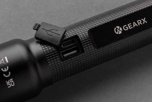 GearX RCS recycled aluminum USB rechargeable heavy-duty torch with bright LED light, durable construction, and ergonomic design.