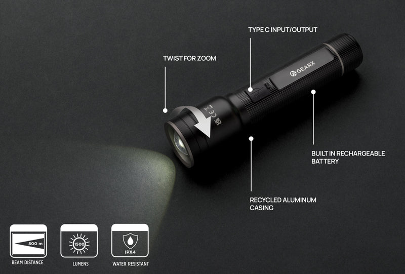 Load image into Gallery viewer, GearX RCS recycled aluminum USB-rechargeable heavy duty torch, durable tool with bright LED light and ergonomic design.
