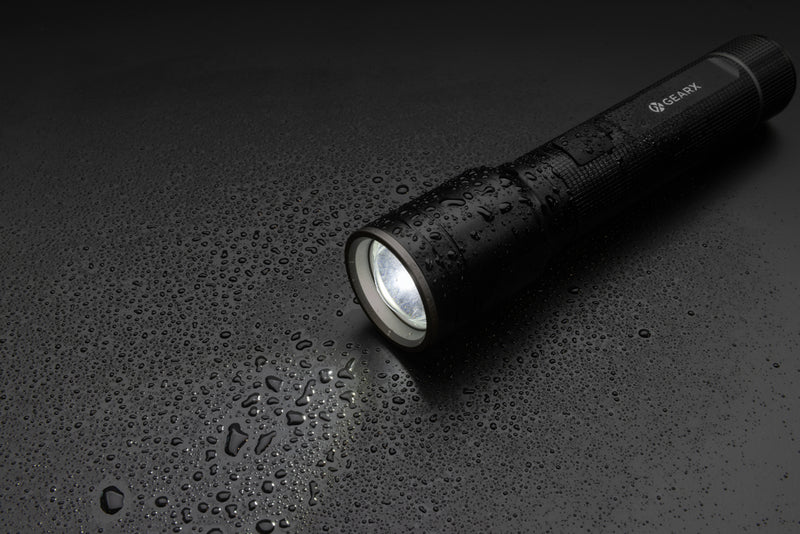 Load image into Gallery viewer, GearX recycled aluminum heavy-duty USB-rechargeable torch with LED light, rugged design, and ergonomic handle.
