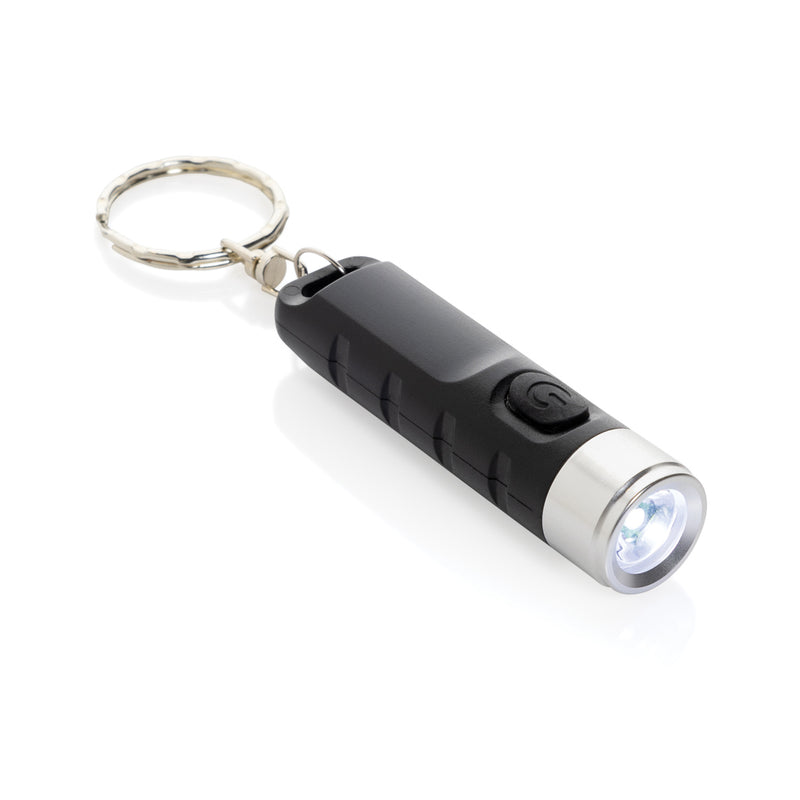Load image into Gallery viewer, XD Collection Globix RCS recycled plastic USB rechargeable keychain torch, compact tool with bright LED light and keyring attachment.
