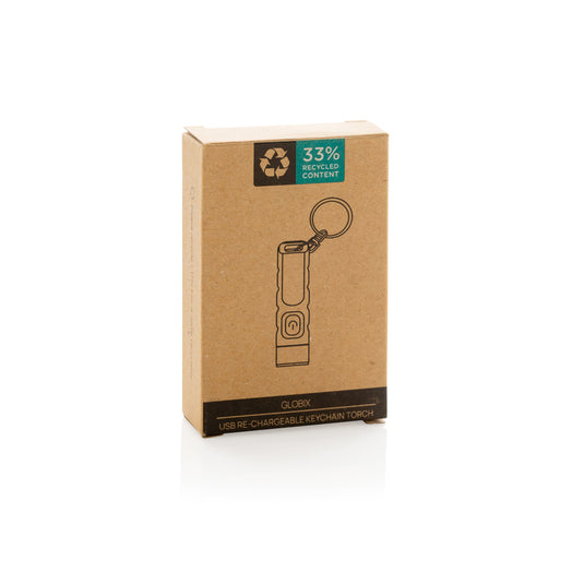 XD Collection Globix RCS recycled plastic USB rechargeable keychain torch, compact tool with LED light and keychain attachment.