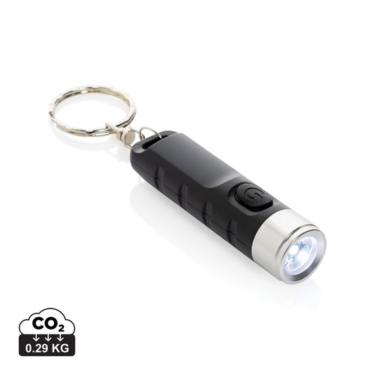 XD Collection Globix RCS recycled plastic USB rechargeable keychain torch, compact tool with LED light for portable illumination.