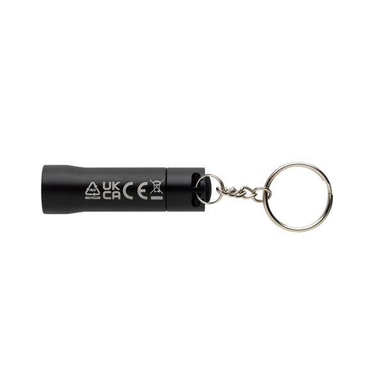 XD Collection Flash RCS recycled aluminium keychain torch, small portable tool with LED light on a keychain.