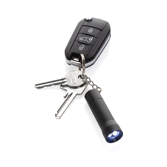 XD Collection Flash RCS recycled aluminium keychain torch, compact with LED light and keyring attachment for portable illumination.