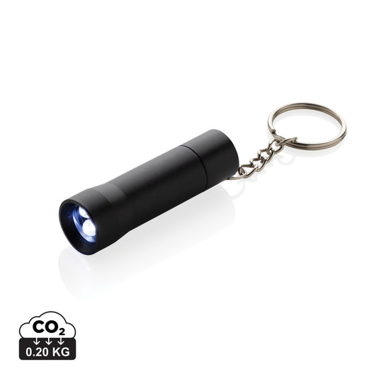 XD Collection Flash RCS recycled aluminium keychain torch, compact tools and torch with keyring attachment, black finish.