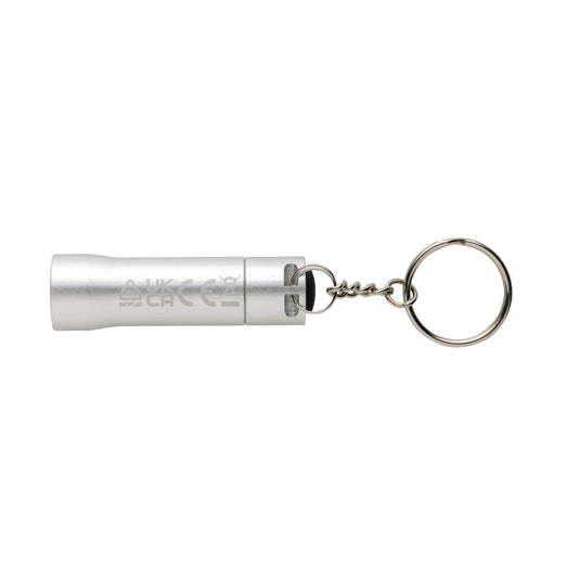 XD Collection Flash RCS recycled aluminium keychain torch, compact tool with LED light and keyring attachment.