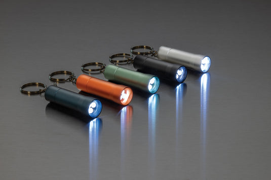 XD Collection Flash RCS recycled aluminium keychain torch with compact design and integrated LED light for portable illumination