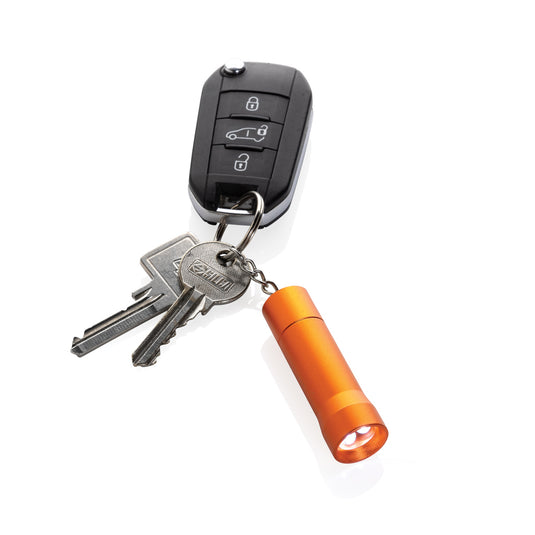 XD Collection Flash RCS recycled aluminium keychain torch, compact tool with LED light, black finish, attached to keyring.