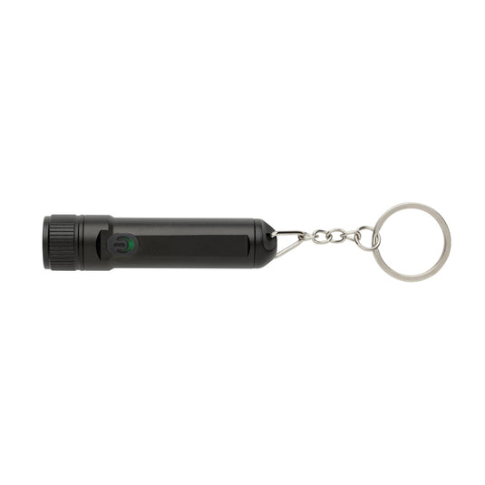 GearX rechargeable ultra bright keychain torch showing compact black flashlight with keyring attachment and bright LED light.