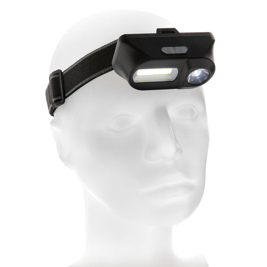 XD Collection COB and LED headlight showing adjustable straps and bright light beam, suitable for tools and outdoor activities.