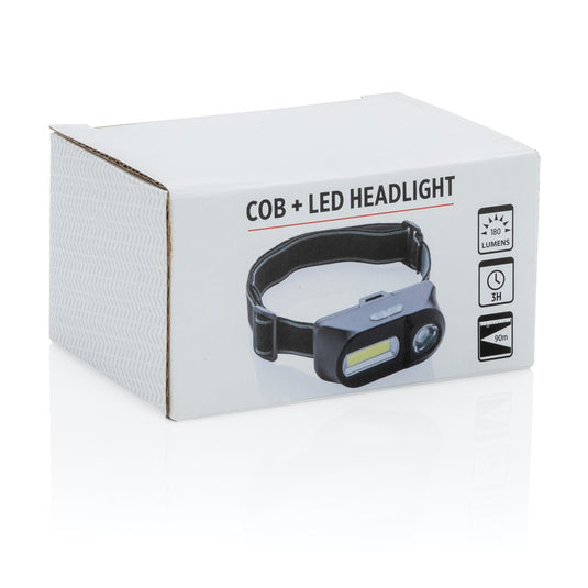 XD Collection COB and LED headlight showing adjustable straps and bright light beam, designed for hands-free illumination.