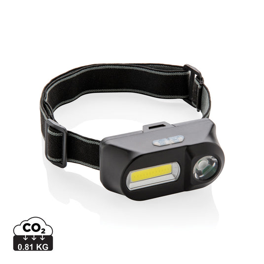 XD Collection COB and LED headlight, tools and torches, showing adjustable strap and bright illumination in a close-up image.