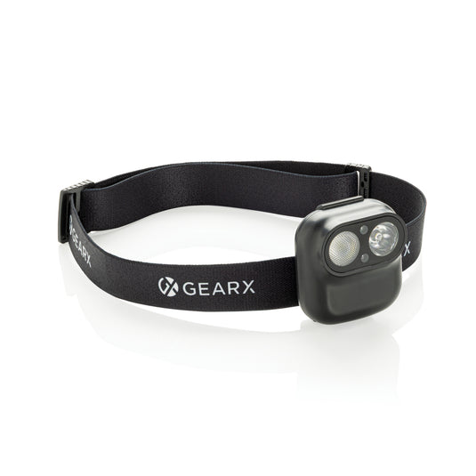 GearX RCS plastic head torch with motion sensor, bright LED light and adjustable strap, ideal for outdoor and handiwork use.