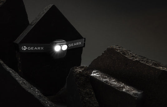 GearX Gear X RCS plastic head torch with motion sensor, compact tool with adjustable strap and built-in LED light for hands-free illumination.