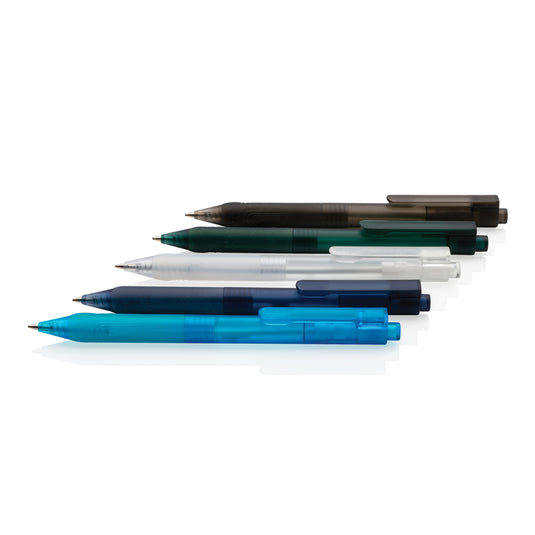 Frosted X9 pen with silicone grip from XD Collection, showcasing sleek writing instrument design and comfortable grip.